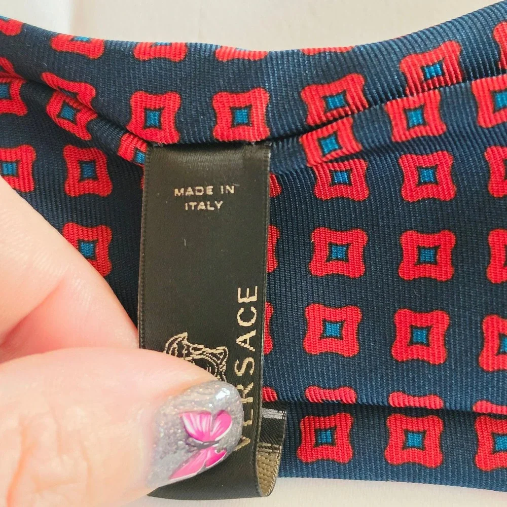 Versace Silk Tie Mens One Size Navy Blue Red Geometric Medusa Head Made in Italy